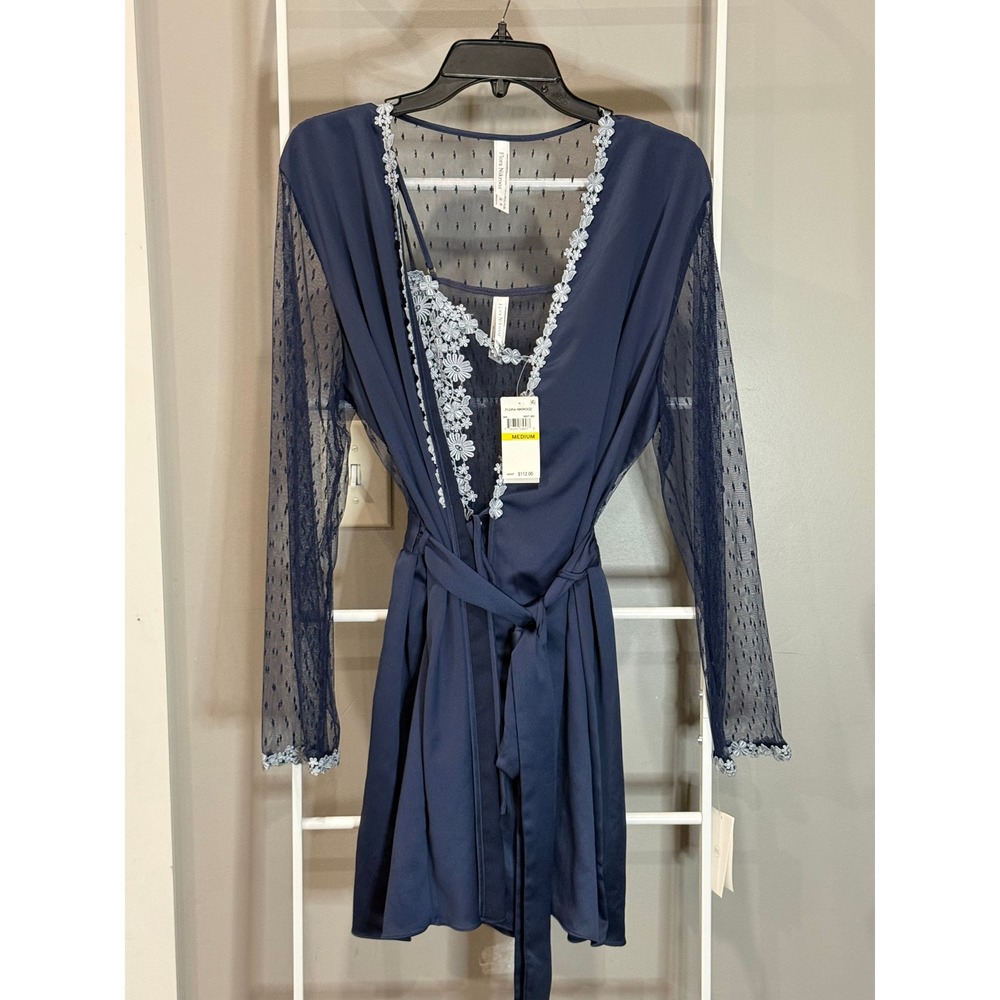 NWT Flora Nikrooz Showstopper Lingerie Set Robe & Gown Navy Blue Medium Coquette